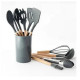 Kit C/12 Utensílios de cozinha silicone cabo madeira e balde cinza