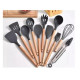 Kit C/12 Utensílios de cozinha silicone cabo madeira e balde cinza