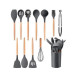 Kit C/12 Utensílios de cozinha silicone cabo madeira e balde cinza