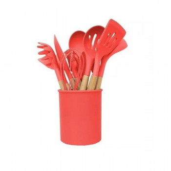 Kit C/12 Utensílios de cozinha silicone cabo madeira e balde vermelho